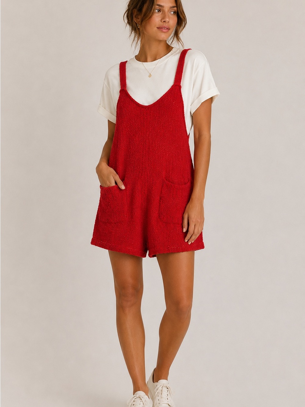 Free People Red Textured Knit Romper XS Patch Pocket Boho Layering